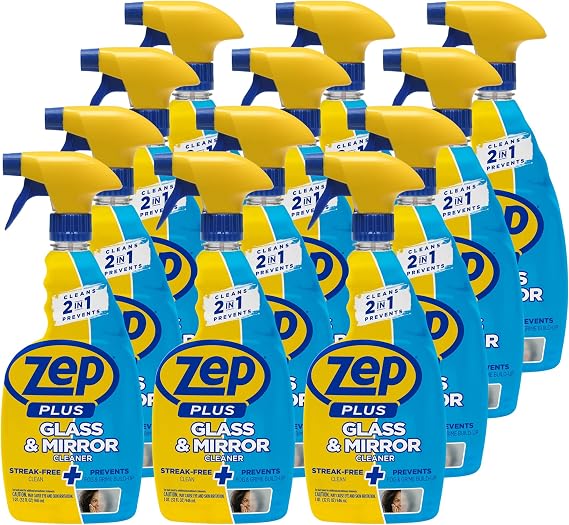Zep Plus Glass & Mirror Cleaner - 32 Oz. (Case of 12) - R53812 - Keep Your Mirror and Glass Surfaces Clear + Streak-free While Also Preventing Mirror Fog...