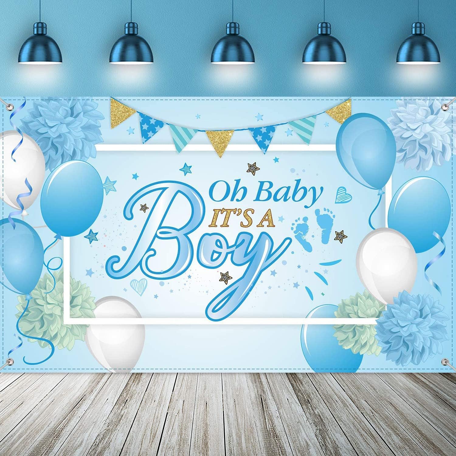 Generic Oh Baby Baby Shower Backdrop - Blue Boy - Large Size - Polyester & Wood - Includes Rope - Baby Shower Occasion
