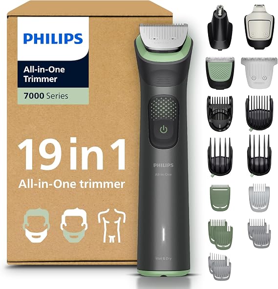 Philips Multigroom 7000 Series All-in-One 19-Piece Trimmer - Shaver and Clipper for Beard, Nose, Hair, and Body, Self-Sharpening Full Metal Blades, 26 Length Settings (0.5-20 mm), Model MG7962/30
