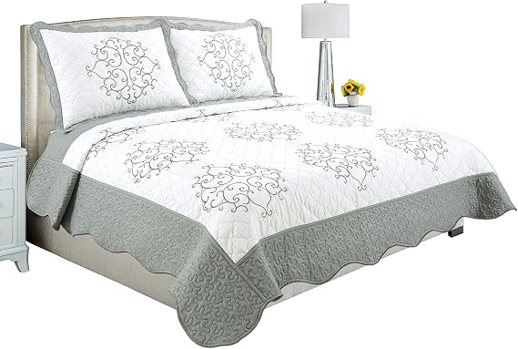 Marina Decoration Embroidered Stitching Coverlet Bedspread Ultra Soft Solid 3 Piece Summer Quilt Set with 2 Quilted Shams, Silver Color King Size