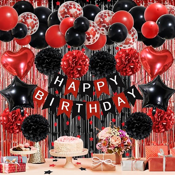 ZERODECO Red Black Birthday Party Decorations, Happy Birthday Banner Pompoms Balloon Arch Fringe Curtain Party Decor for Baby Girls Women Black and Red Party