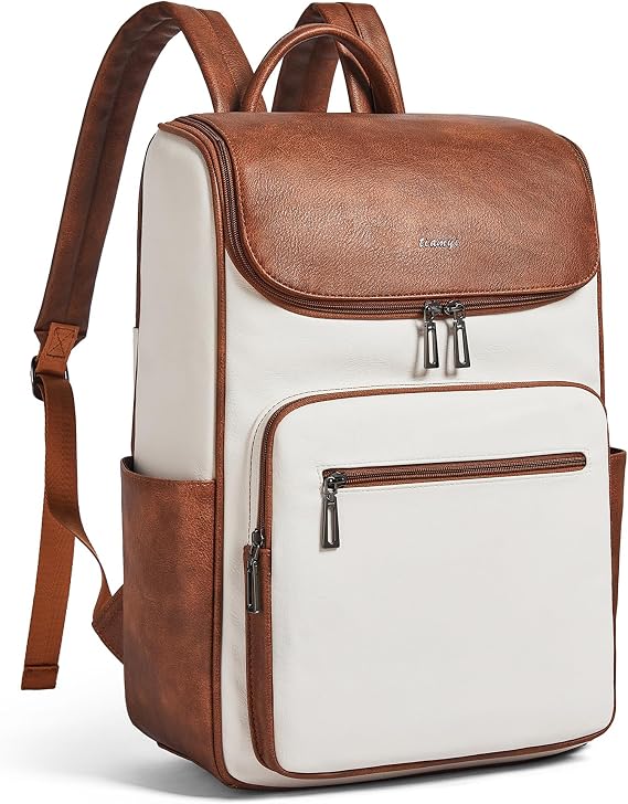 leather travel backpack for men and women, flap top laptop backpack fits 17.0 inch computer with luggage strap and separate padded compartment, beige