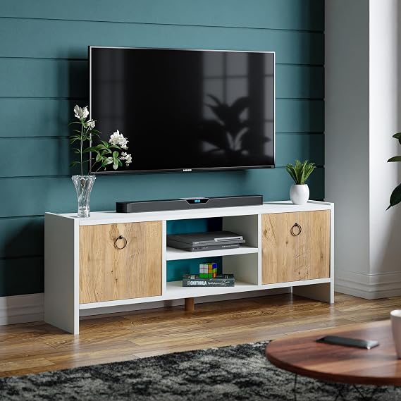 interGO-Tv Sehpası Kapaklı Raflı Tv Ünitesi Televizyon Sehpası (Beyaz, Atlantik Çam)