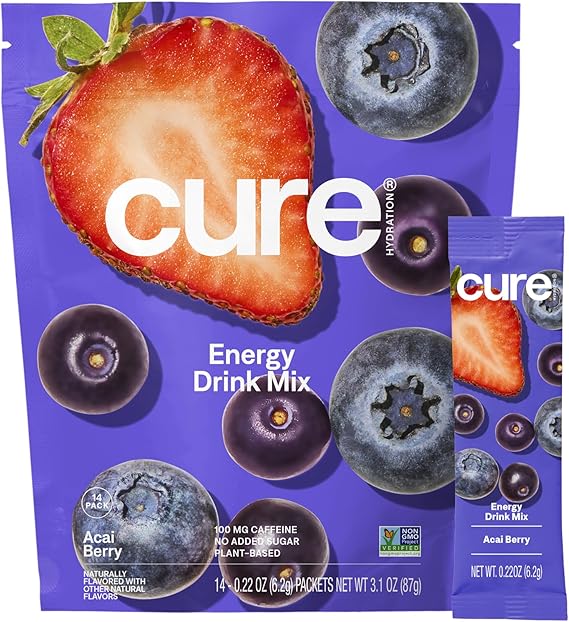 Cure Hydration - Energy Electrolyte Drink Powder Acai Berry 14 Packets | 100mg Caffeine Rehydration Mix with Coconut Water, Plant-Based, No Added Sugar, Non-GMO, Gluten Free and 340mg Electrolytes