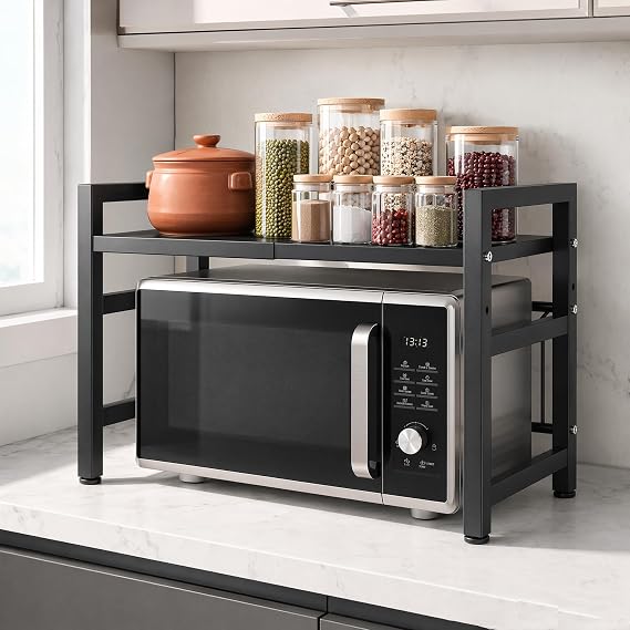 2-Tier Expandable Microwave Shelf Stand, Adjustable Carbon Steel Baker Rack