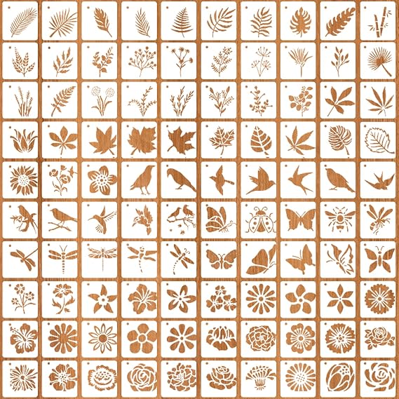 Set of 100 Stencils 5 x 5 cm Flower Leaves Bird Drawing Painting Stencils