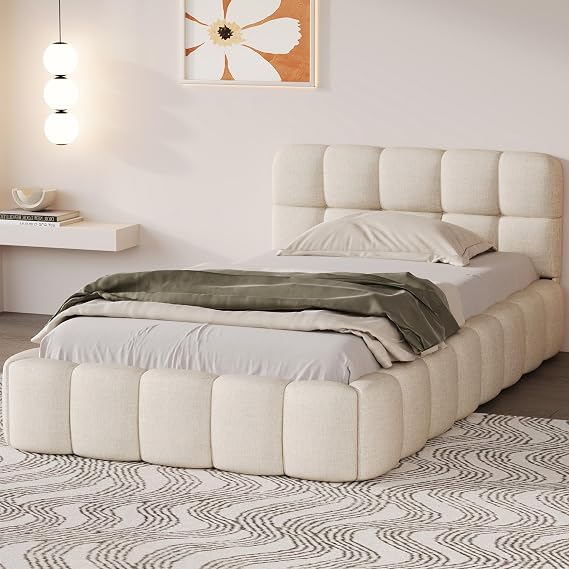 BestAlice Bubble Cloud Bed Frame,Upholstered Platform Bed,Contemporary Bed Frame with Wooden Slats,Padded Headboard and Footboard,Low Platform Bed for Adults,Teens,Linen (Beige-PA, 90x190cm)