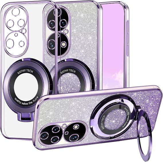 Phone Case for Huawei P50 Pro Clear Glitter Magnetic with Ring Stand Compatible with MagSafe Silicone Cover Slim Cute for Huawei P50 Pro Case Bling Aesthetic Luxury (Purple)