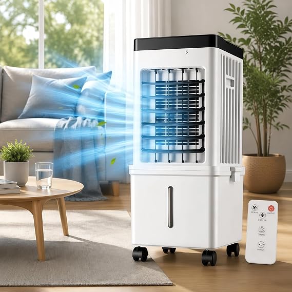 Portable Evaporative Air Cooler Fan, 3-in-1 Cooling Fan with Humidifier, 15L Tank, Remote Control, 3 Speeds, 7.5H Timer, Quiet Personal Air Cooler for Home Bedroom