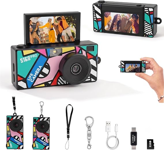 Mini Keychain Digital Camera, 1080P, 180° Flip Screen, 32GB Card