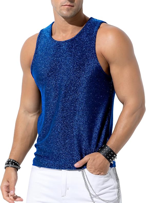 Casey Kevin Mens Sequin Tank Top Gold Rave Shirt Sparkly Glitter Disco Vest