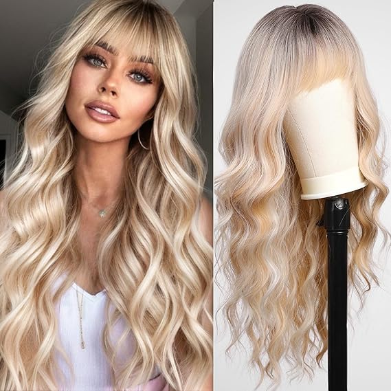 KOME Ombre Blonde Wigs with Bangs,Long Curly Wig for Women,Blonde Long Wavy Wig Synthetic Hair Wig for Party Cosplay Daily Use 24IN