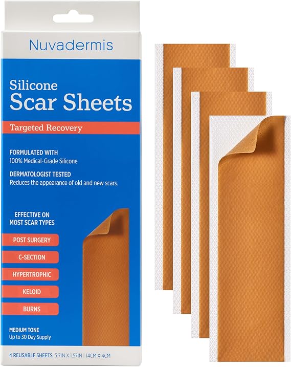NUVADERMIS Silicone Scar Sheets Extra Long Medical-Grade Scar Sheets for C-Section, Tummy Tuck, Keloid, and Surgical Scars Reusable and Effective Pack of 4 Medium Tone