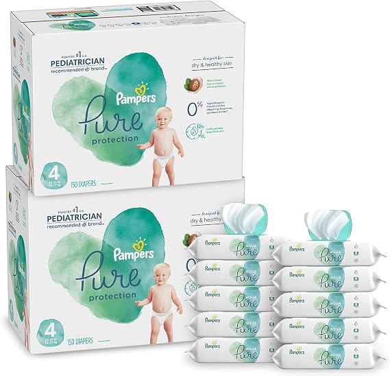 Pampers Pure Protection Disposable Baby Diapers Size 4, 2 Month Supply (2 x 150 Count) with Aqua Pure Baby Wipes, 10X Pop-Top Packs (560 Count)
