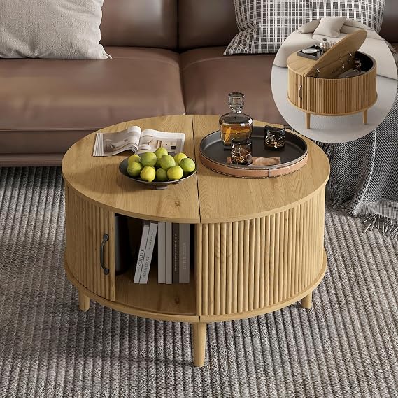 Round Coffee Table with Storage,Modern Folding Table,Fluted Center Table with Sliding Cabinet Door,31.5" Small Center Table for Living Room and Home Small Space(Round)