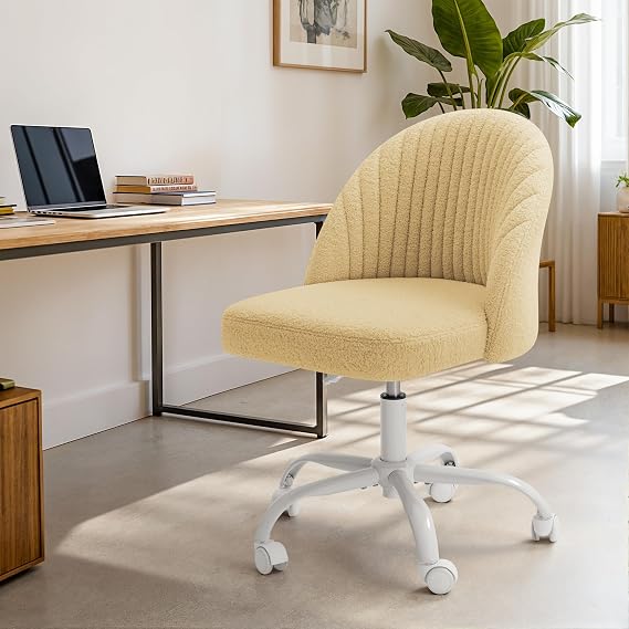 Furniwell Office Chair Armless Cute Desk Chair Modern Adjustable Swivel Vanity Task Computer Chair Home Office Desk Chairs with Wheels (Teddy Velvet, Yellow)