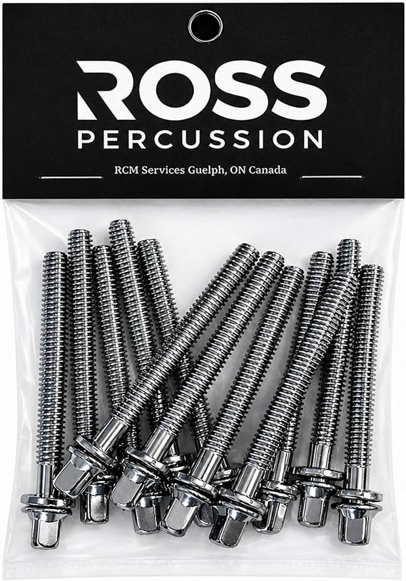 ROSS Percussion Tension Rods with washers for drums 1 3/8 Inch - 12 Pack Chrome Plated