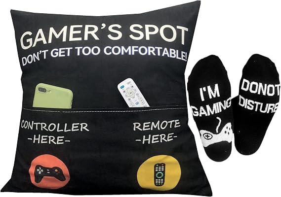 ZUYUROU Gamer Gifts, Pocket Design Throw Pillow Covers 18 x 18 Inch + Gamer Socks, Gaming Room Decor Stocking Stuffers Easter Basket Stuffers for Teen Boys Girls Men Father Boyfriends