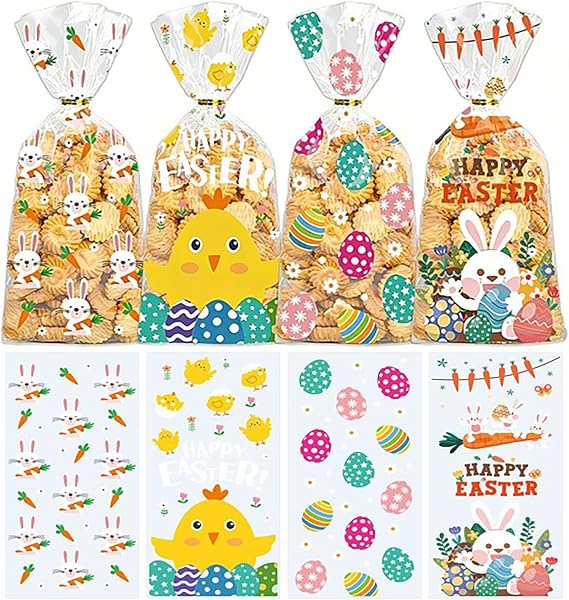 YUNNINGMENG 100 x Easter cookie bags 100 cellophane bags Easter with 110 gold ribbons 4 Easter motifs transparent baking bags for biscuits sweets chocolate nuts