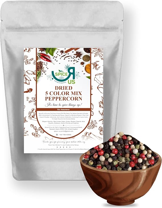 5 Colour Dried Mixed Peppercorns (Black White Pink Green Pimento) by Spice R Us 50g-1900g (90g)