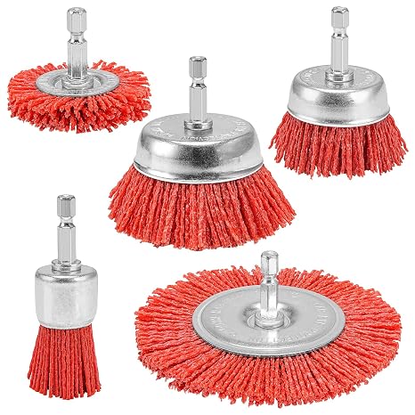 5 Pack Nylon Filament Abrasive Wire Brush Wheel & Cup Brush Set with 1/4 Inch Hex Shank, Coarse Sanding Scuffing Brush for Removal of Rust/Corrosion/Paint