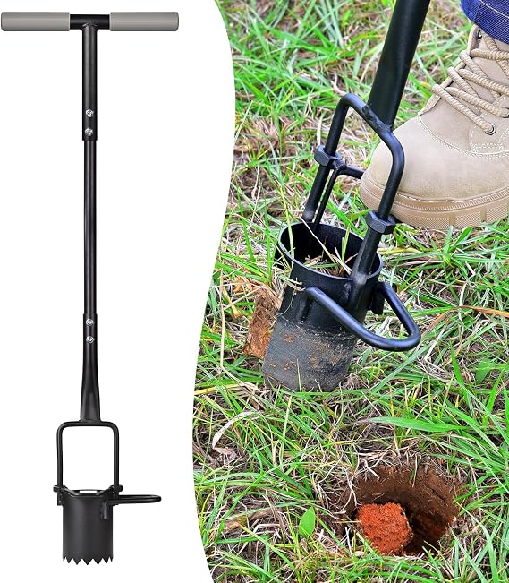 Omesata Sod Plugger, Bulb Planter with Long Handle and Serrated Base Garden Tool, Bulb Transplanter Also Grass Plug Tool for Digging Holes to Plant Tulips, Iris, Daffodils