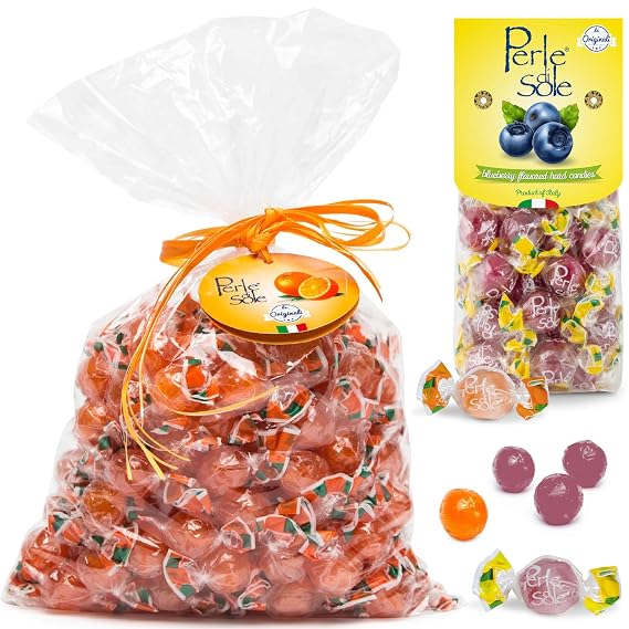 Perle di Sole Candy from Italy - Variety Pack Orange and Blueberry Drops - Italian Hard Candy Individually Wrapped (Mix of Blueberry 7.05oz and Orange 2.2lb)