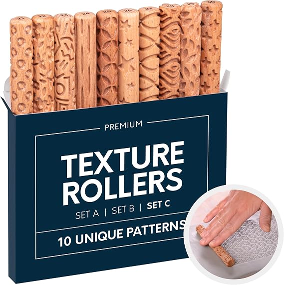 Byllstore Clay Texture Rollers | 10-Pack | 5 in x 0.65 in | Premium Wooden Pottery Tools | Set C