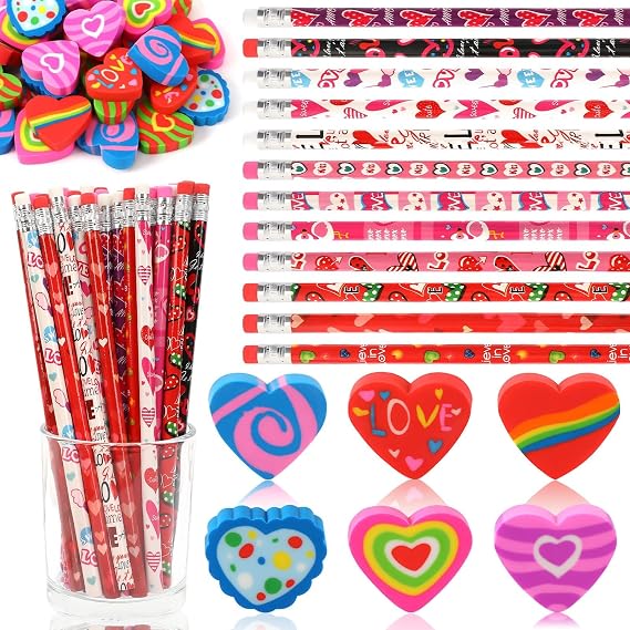 JULMELON 36Sets Valentines Pencils with Heart Erasers Bulk for Kids School | Wooden Heart Pencils, Classroom Valentine Exchange, Smooth Writing Drawing, Cute Matching Eraser Sets For Student Rewards