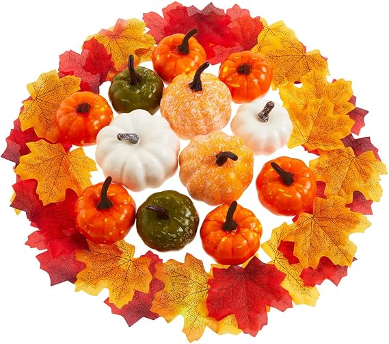 Artificial Pumpkins Fake Plastic Pumpkins Autumn Decorations Set Artificial Fall Maple Autumn Thanksgiving Halloween Harvest Table Pumpkin Decoration 52Pcs