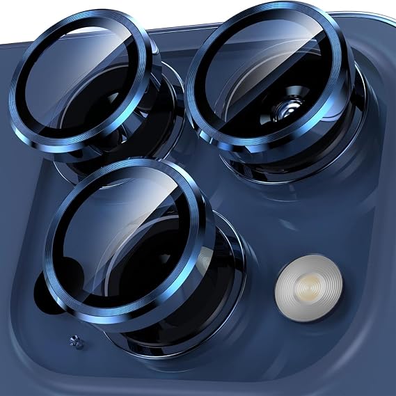 Babilden İphone Alüminyum Alaşım Çerçeveli Tempered Glass Kamera Lens Koruyucu (iPhone 15 Pro Max Dark Blue)
