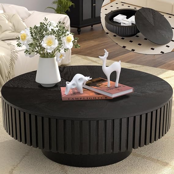 Round Coffee Table with Storage, Modern Handcraft Fluted Drum Coffee Table Wood Circle Center Table with Sturdy Pedestal for Living Room Apartment (Black)