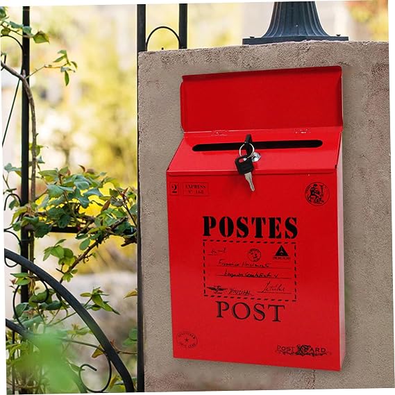 Vintage Mailbox Wall Mount,Vintage Mailbox Creative Iron Mailbox Wall Mount Mailbox Safe Locking Mailbox Small Mail Holder Weatherproof Mailboxes for Outside, Red