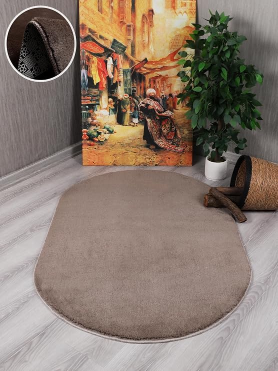 My Evilla Modern Dekoratif Kaymaz Taban Simirna Oval Halı Yolluk Vizon 80 x 100