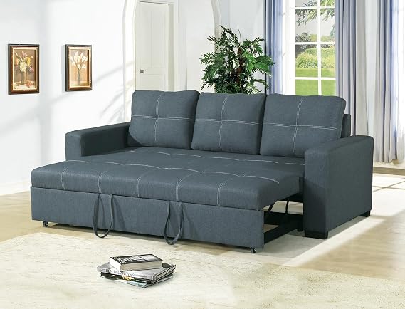 Poundex Polyfiber Fabric Convertible Sleeper Sofa with Pull-Out Bed in Gray
