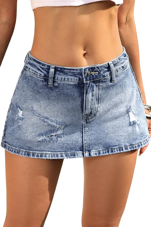 ELLEVEN Low Rise Ripped Denim Mini Skort for Women