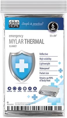 Deke Home 6 Pack Emergency Mylar Thermal Blankets. Space Blanket Survival Rescue Insulating Reflective foil kit Camping Blanket Outdoors Hiking Survival Bug Out Bag car Marathons First aid ColdHeat