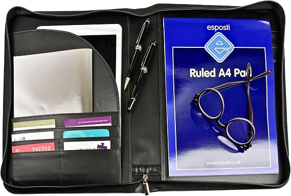 Esposti Zipped Conference A4 Folder - Faux Leather Portfolio Document Holder - Business Padfolio Case with Document Organiser