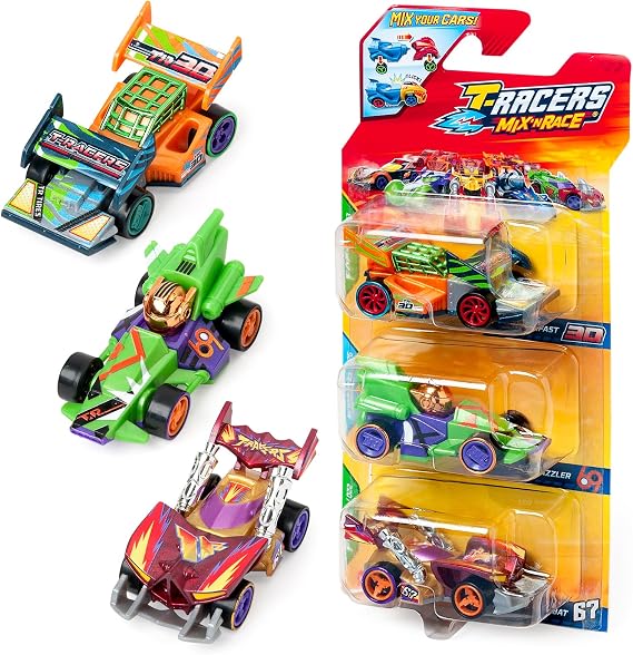 T-Racers Pack 3 Mix N Race Pack of 3 Collectible Cars. Each Car Can Be Customised by Changing, Front, Rear or Wheels. Pack 1 of 4