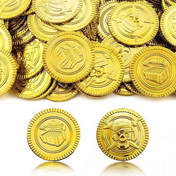 100 Piece Pirate gold coins Set | With Clear Box | Treasure Hunt fake, Pirate-Themed Activities plastic coins | Suitable for Birthday Party Decorations, Lucky Draws, etc.