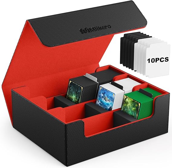 Mlikero Trading Card Storage Box, Bulk Card Storage for 1800+ Sleeved Cards, PU Leather Magnetic Closure Card Organizer with 10 Dividers & 3 Foam Stoppers, Fit for MTG, TCG and Sports Cards (Red)