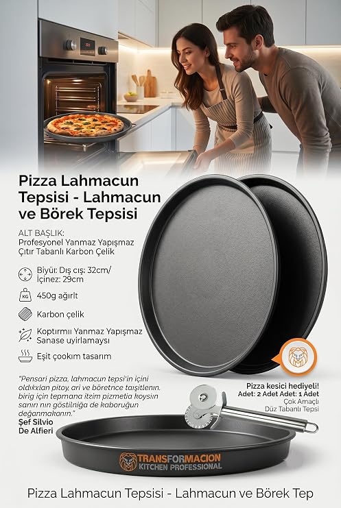 Transformacion Karbon Çelik Yuvarlak Pizza ve Börek Tepsisi, Çift Katmanlı Yanmaz Yapışmaz Yüzey, 32 cm, 2 Adet, Pizza Kesici Hediyeli 723293