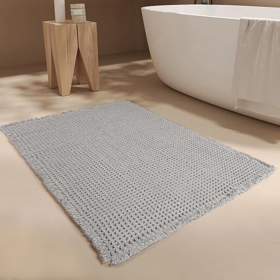 SUMLANS Waffle Bath Mat, Super Absorbent Bathroom Rugs Whit Non Slip Rubber Backing, Ultra Soft Machine Washable Bathroom Floor Mats with Tassels (Grey, 17" x 24")