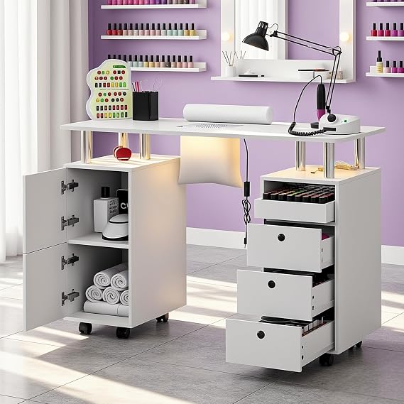 LED Manicure Table w/Built-in Dust Collector&4 Dust Bag,Rolling Nail Desk