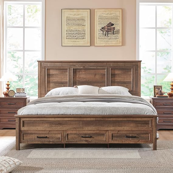 ACCOHOHO Farmhouse Queen Size Bed Frame with 53" Tall Headboard Light Brown