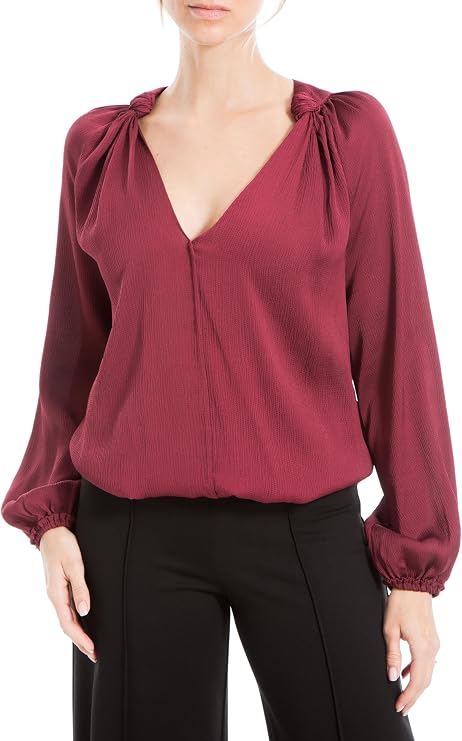 Max Studio Women's Max Studio Women's Matte Satin Balloon Sleeve V Neck Blouse with Knot Details at Neckline