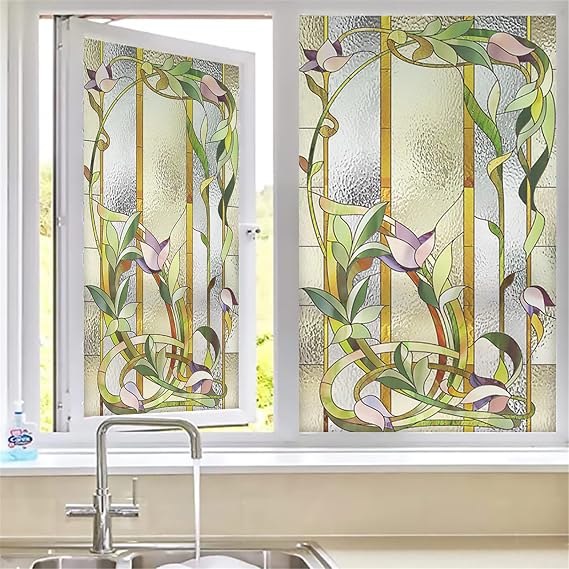 Window Privacy Film,Stained Glass Window Decals,3D Decorative Window Vinyl Frosted Glass Film Non-Adhesive Static Cling Window Sticker for Kitchen Bathroom Office Meeting Room,15,40x60cm [Energy Class A]