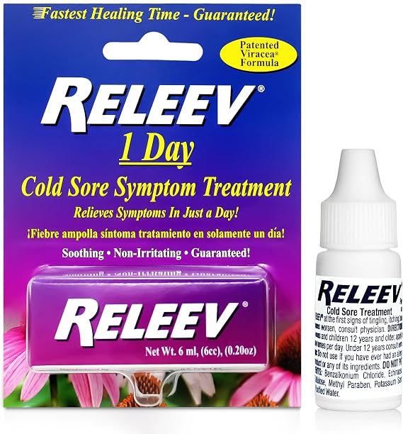 Releev 1Day Cold Sore Treatment Liquid, Fast-Acting Soothing of Pain and Itching, Topical Care for Fever Blisters & Lip Sores, 0.2 Ounces