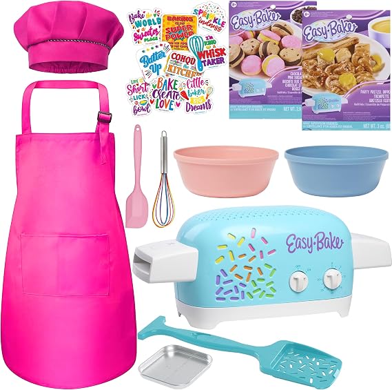 Ultimate Easy Baking Oven Bundle For Kids With 20 Items - Oven, 2 Refill Mixes, Apron, Hat, 2 Bowls, Spatula, Whisk, 9 Stickers, Baking Pan & Tool (Heroic Hot Pink Bundle)
