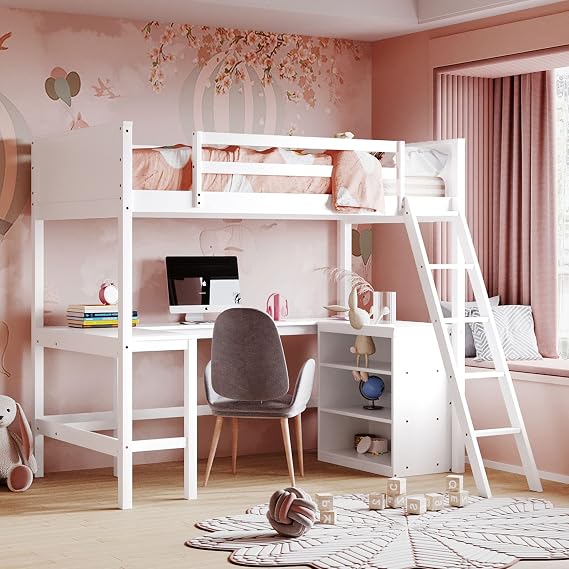 Twin size Loft Bed with Shelves and Desk, Wooden Loft Bed with Desk - White